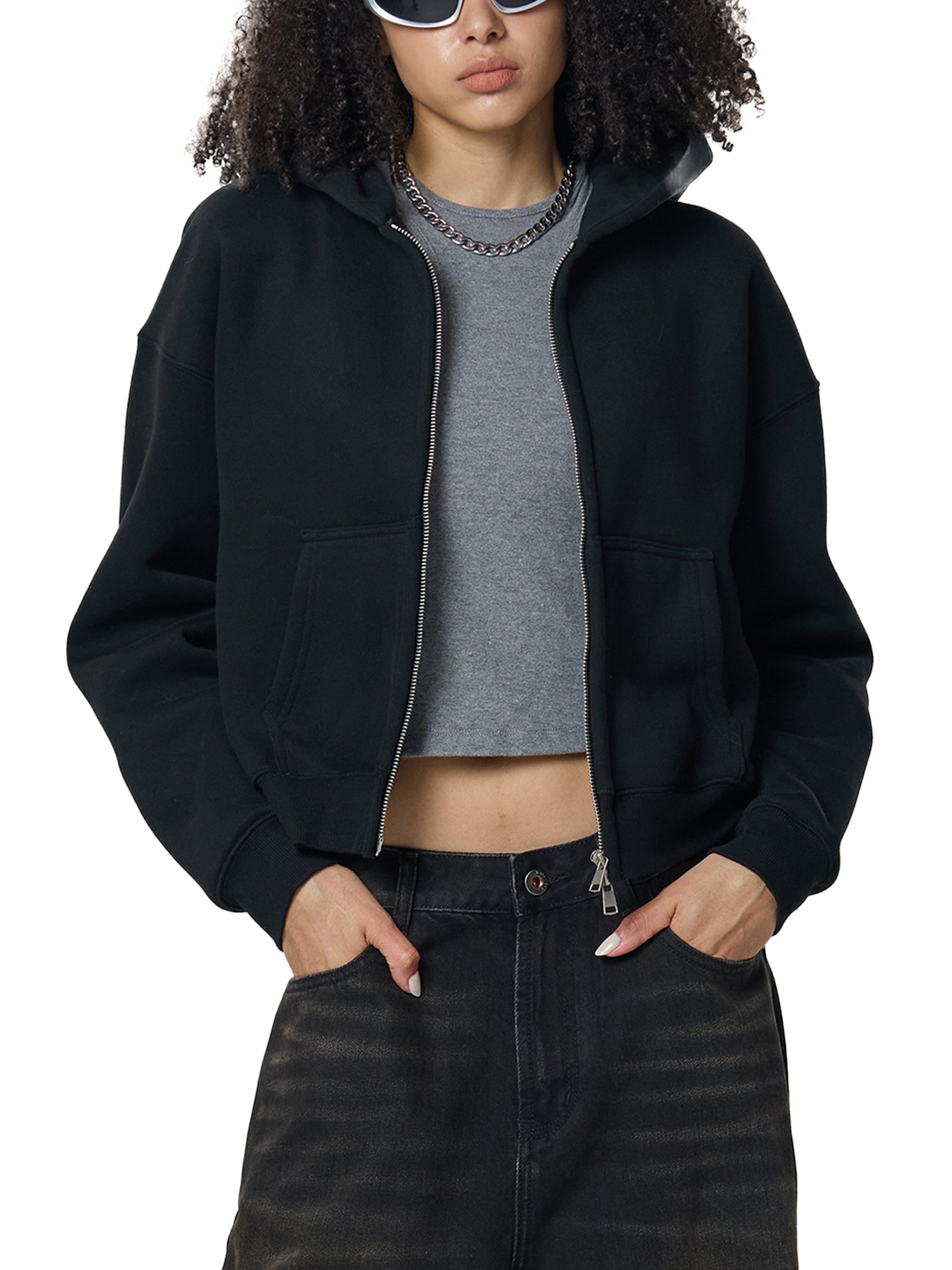 350 GSM | 10.3oz WOMEN 'GRAY' DOUBLE ZIPPER CROP HOODIE