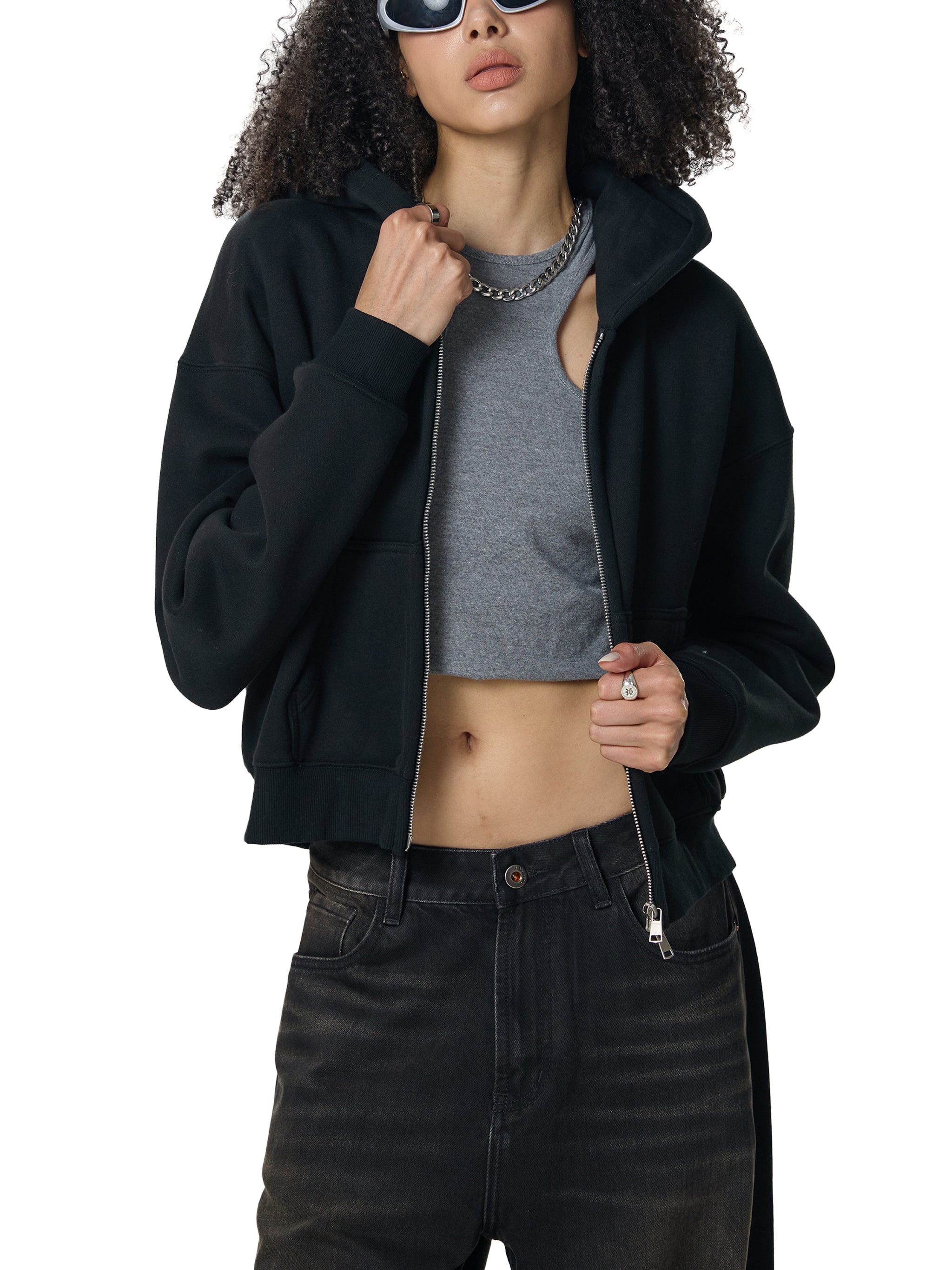 350 GSM | 10.3oz WOMEN 'GRAY' DOUBLE ZIPPER CROP HOODIE