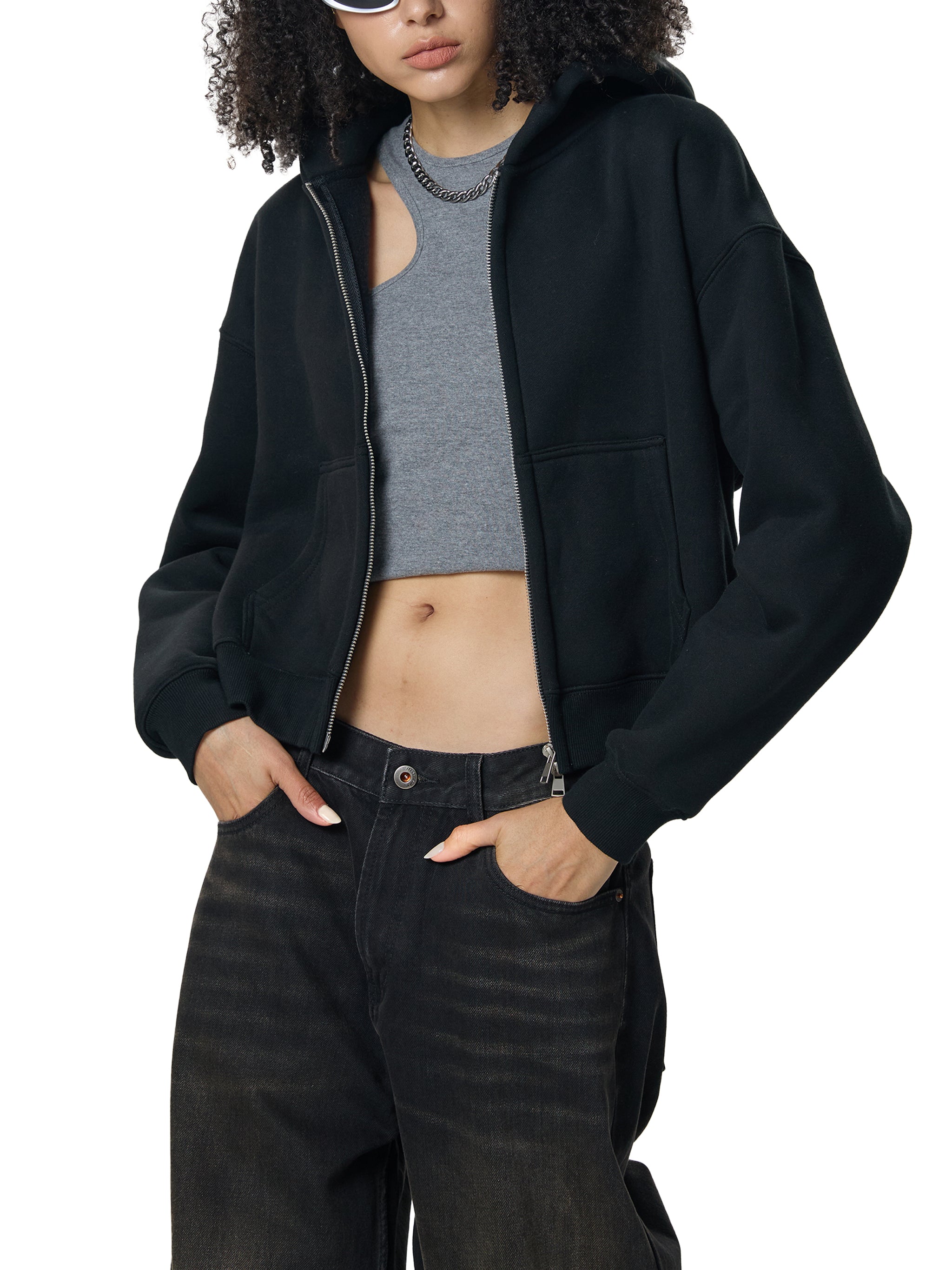 350 GSM | 10.3oz WOMEN 'GRAY' DOUBLE ZIPPER CROP HOODIE