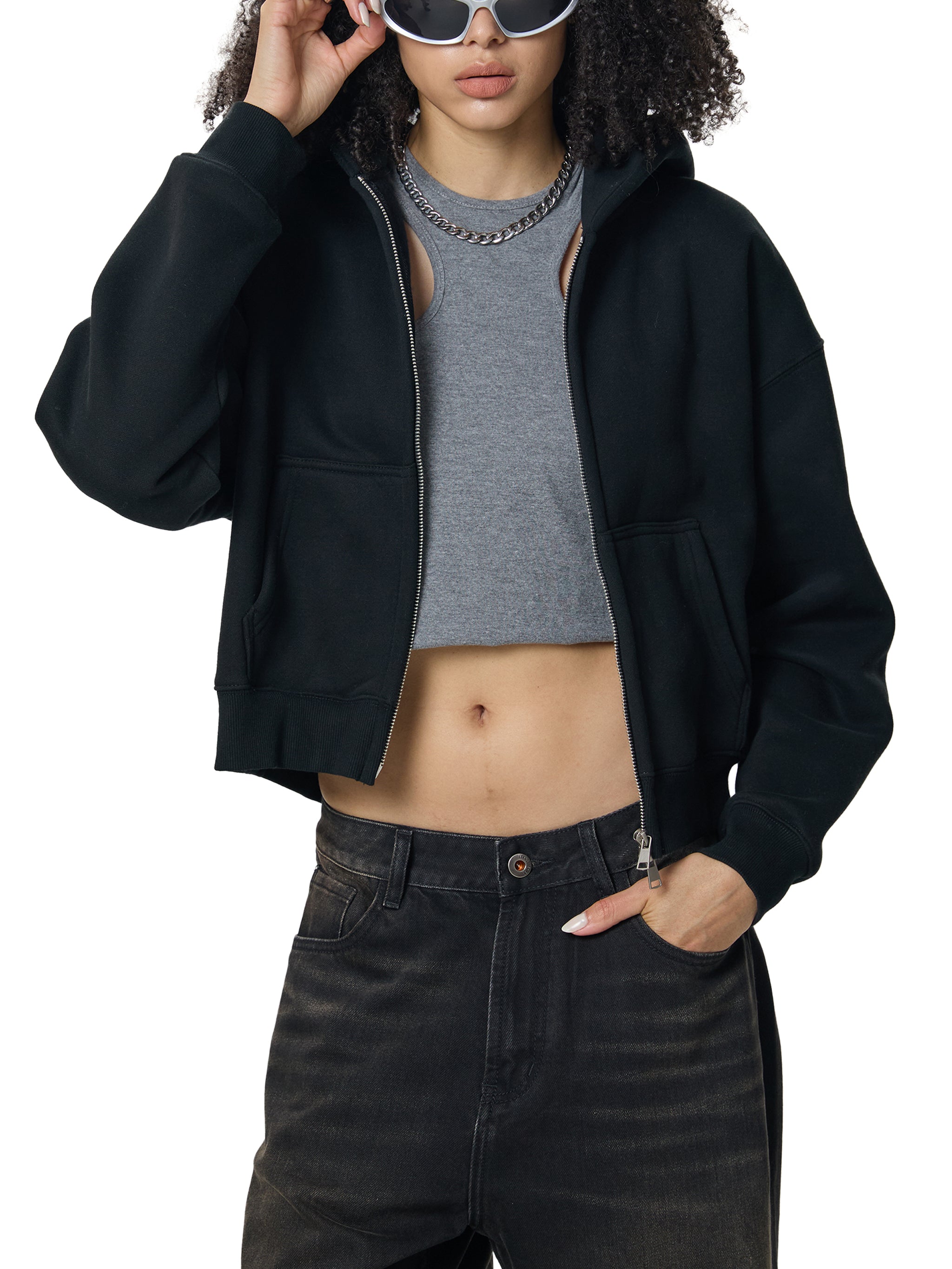 350 GSM | 10.3oz WOMEN 'GRAY' DOUBLE ZIPPER CROP HOODIE